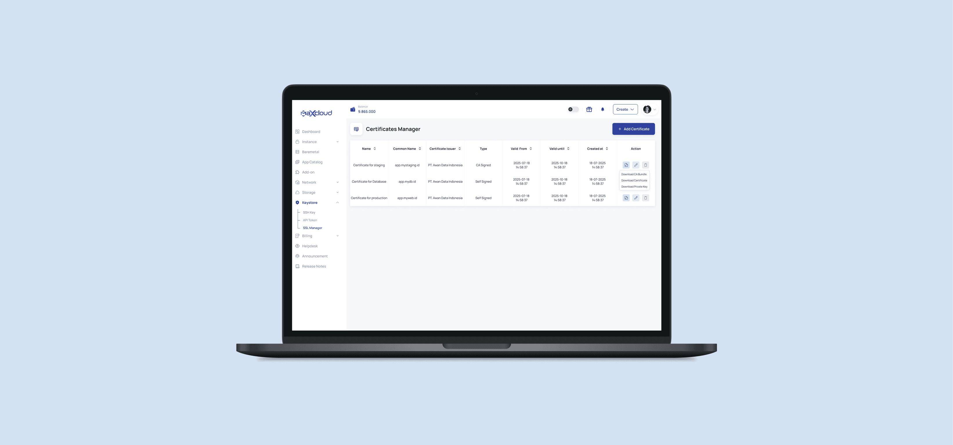 Maxcloud Certificate Manager Page